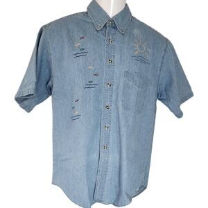 Vtg Camp Creek Women's Denim Short Sleeve Shirt with Beach Scene Top Size Small